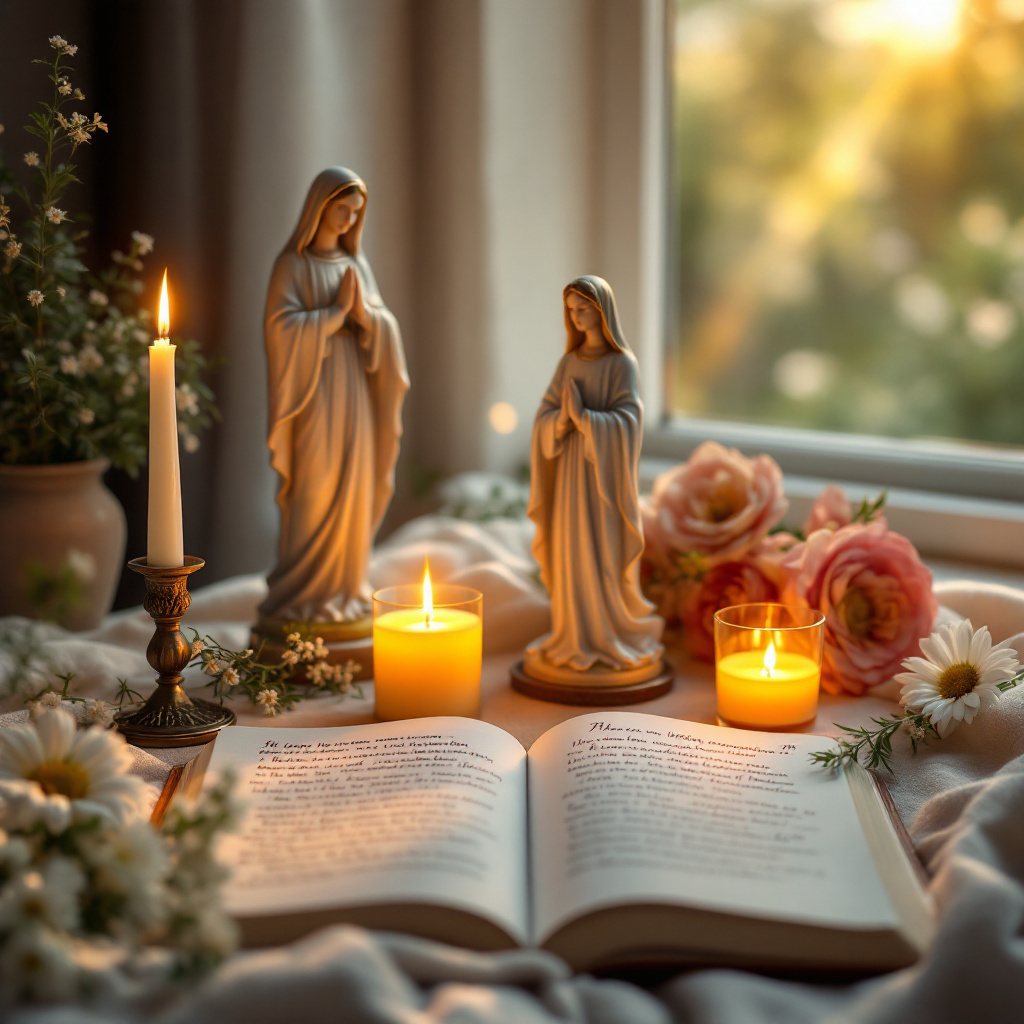 Gebet zu Mariä Himmelfahrt Text auf einem Marienaltar mit Kerzen und Kräuterbüschel