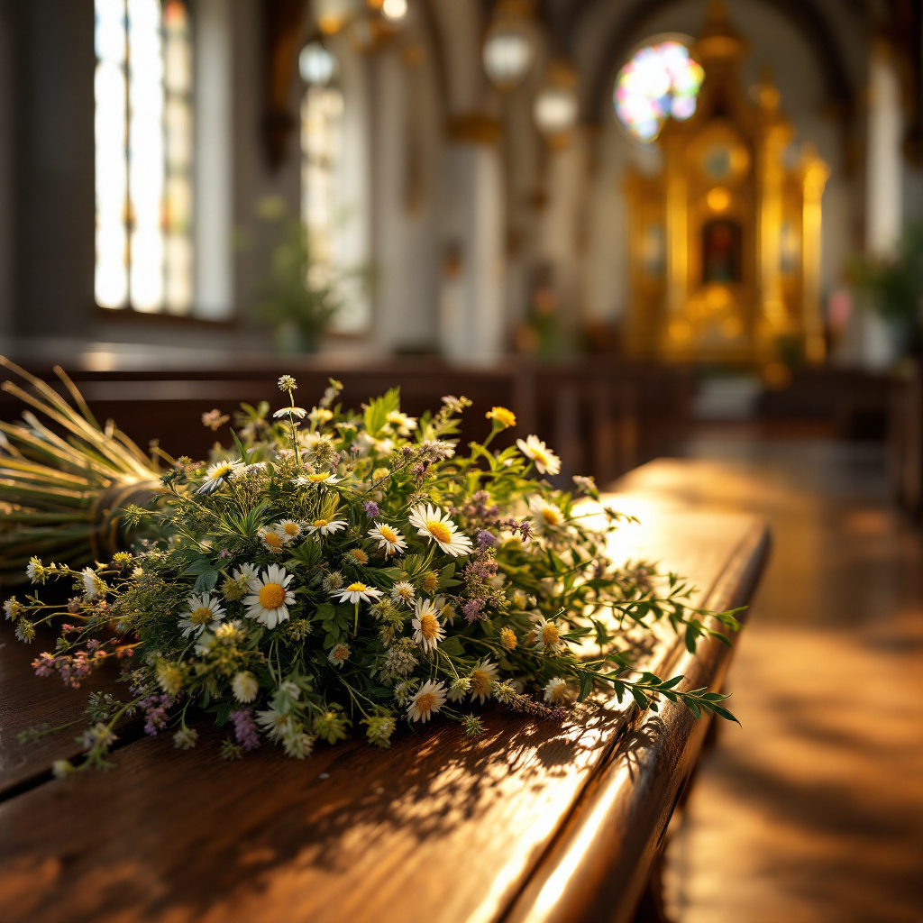 Mariä Himmelfahrt Bräuche in Bayern: geweihtes Kräuterbüschel in einer bayerischen Kirche