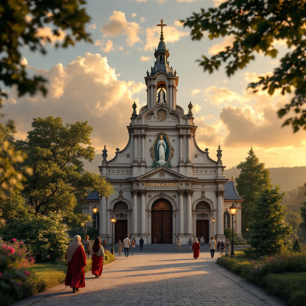 Schönste Marienwallfahrtsorte Deutschland mit Pilgern vor einer barocken Wallfahrtskirche