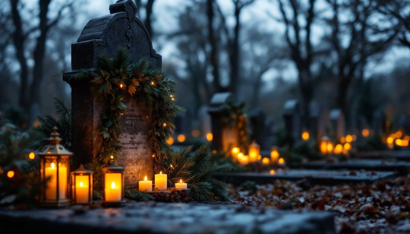 Grablichter und Tannengrün auf einem Friedhof am Totensonntag 2025 Deutschland